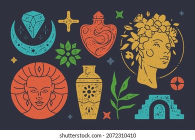 Head of antique woman and boho star. Portrait of awakening sun goddess with mystical vessel. Crescent moon with diamond and lotus flower. Ancient staircase with plant. Vector set of magical elements