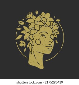 Head antique woman in flower wreath elegant botanical decorative design grunge texture vector illustration  Female avatar portrait in circle golden frame minimalist logo beauty spa salon black