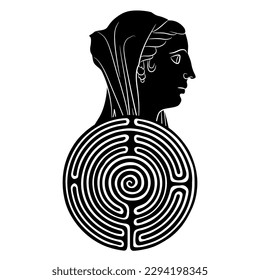 Head of antique woman in a veil on top of a round spiral maze or labyrinth symbol. Portrait of Egyptian Ptolemaic queen Berenice II Euergetis. Ariadne. Black and white silhouette.