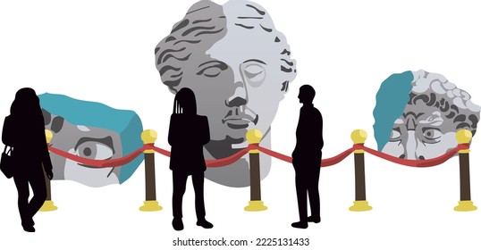 The head of Aphrodite and parts of the destroyed head of David. Museum visitors look at cultural exhibits. Ready-to-use eps image for your design. For posters stickers postcards art events invitations