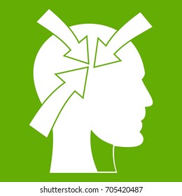 Head with arrows icon white isolated on green background. Vector illustration