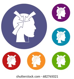 Head with arrows icons set in flat circle red, blue and green color for web