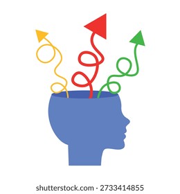 Cabeça com setas sobre um fundo branco. Pensamentos, Saúde Mental, Escolhas