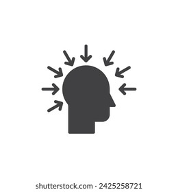 Cabeza con flechas que apuntan al icono del vector de la idea central. Icono de glyph de lluvia de ideas. Símbolo, ilustración del logotipo. Gráficos vectoriales