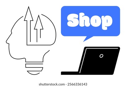 Head with arrows symbolizes growth and ideas. The laptop and text box with the word Shop indicate online shopping. Ideal for business technology innovation online shopping ecommerce education. Simple