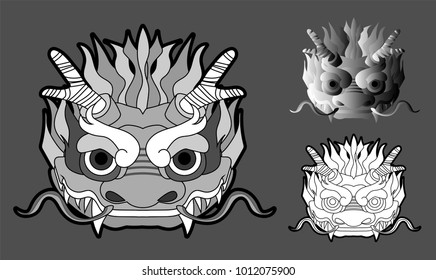 A head asia dragon. version Gray tone, outline style, and gradient style.