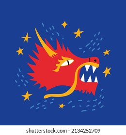 Head of asian dragon on blue background. Vector illustration of chinese traditional dragon. Year of the dragon. Oriental style