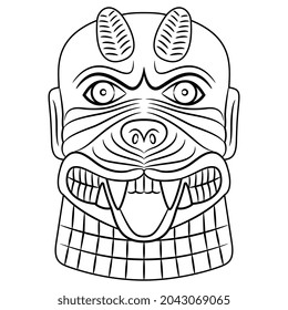 Head of Assyrian or Babylonian evil demon Pazuzu. Black and white linear silhouette.