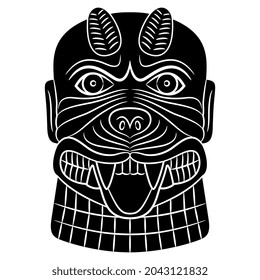 Head of Assyrian or Babylonian evil demon Pazuzu. Black and white negative silhouette.