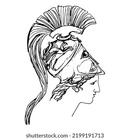 Head of Athena Piraeus. Ancient Greek warrior goddess wearing crested helmet. Antique sculpture. Hand drawn linear doodle rough sketch. Black silhouette on white background.