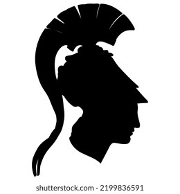 Head of Athena Piraeus. Ancient Greek warrior goddess wearing crested helmet. Black silhouette on white background.