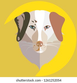 The head of australian shepherd painted in flat style. The head of the dog is on a yellow background.