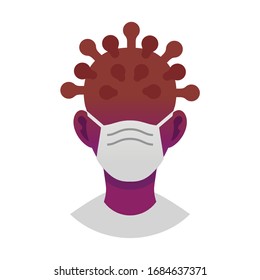 Head avatar of sick man infected with coronavirus in medical mask. Coronavirus (covid-19) concept. Stock vector flat illustration. Isolated, white background.