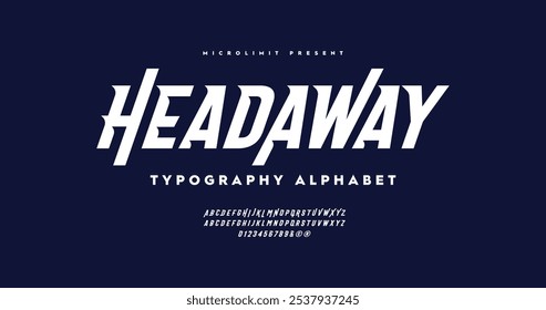 Head Away: A modern, italic sport font with an urban style. Ideal for tech, digital, movie, and logo design, featuring a complete alphabet collection.