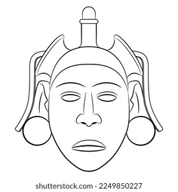 Head of Aztec god Xōchipilli from Mexico. Native American art. Male sculpture portrait of a handsome Indian man. Black and white linear silhouette. 