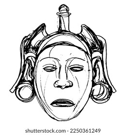 Head of Aztec god Xōchipilli from Mexico. Native American art. Male sculpture portrait of a handsome Indian man. Hand drawn linear doodle rough sketch. Black silhouette on white background.