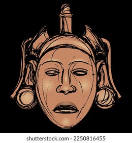 Head of Aztec god Xōchipilli from Mexico. Native American art. Male sculpture portrait of a handsome Indian man. Hand drawn rough sketch. On black background.