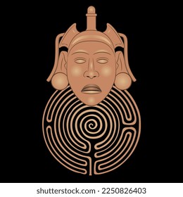 Cabeza del dios azteca Xōchipilli de México y un laberinto o laberinto redondo. Arte nativo americano. Concepto creativo. Misterio de la antigua cultura precolombina. Sobre fondo negro.