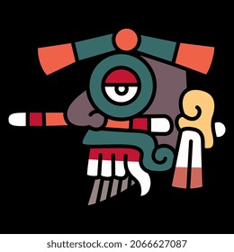 Head of Aztec god of rain Tlaloc. Ancient Mexican codex style. Native American Indian mythology. Isolated vector illustration. On black background.