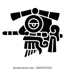 Jefe de dios azteca de la lluvia Tlaloc. Estilo del códice mexicano antiguo. Mitología indígena india nativa. Silueta negativa en blanco y negro.