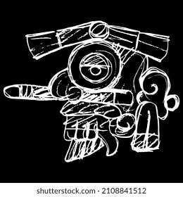 Jefe de dios azteca de la lluvia Tlaloc. Estilo del códice mexicano antiguo. Mitología indígena india nativa. Esbozo en bruto de doodle lineal dibujado a mano. Silueta blanca sobre fondo negro.