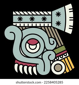 Head of Aztec god of rain Tlaloc. Native American design from Mexican codex. On black background.