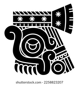 Head of Aztec god of rain Tlaloc. Native American design from Mexican codex. Black and white negative silhouette.