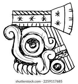 Head of Aztec god of rain Tlaloc. Native American design from Mexican codex. Hand drawn linear doodle rough sketch. Black silhouette on white background.