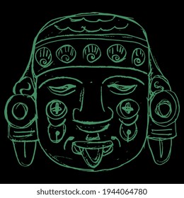 Head of Aztec moon goddess. Pre Columbian Native American art. Hand drawn linear doodle rough sketch. Green silhouette on black background. 