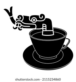 Head of Aztec snake or dragon emerging from a cup of coffee or tea. Creative beverage concept. Black and white silhouette.