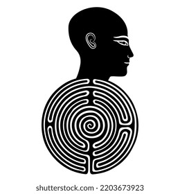 Head of a bald ancient Egyptian man on top of a round spiral maze or labyrinth symbol. Creative concept. Black and white silhouette.