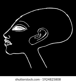 Head of bald ancient Egyptian princess in profile. Daughter of pharaoh Akhenaten. Amarna style. Hand drawn linear rough sketch. White silhouette on black background.