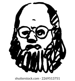 Head of a bald bearded middle age man wearing glasses. Male portrait. Hand drawn linear doodle rough sketch. Black silhouette on white background.