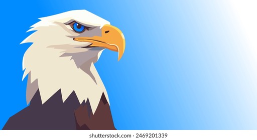 Head of bald eagle illustration on a blue gradient background, as a symbol of America, simple vector graphic.