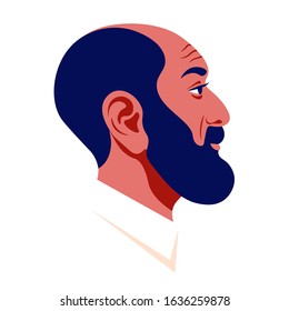 The head of a bald man with a dark beard in profile. Arab businessman face in profile. Avatar for social networks. Vector flat illustration