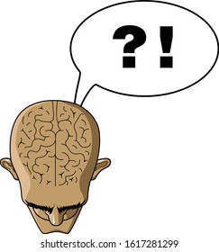 Head of a bald man top view. Brains from the mind. Tormenting thoughts. Questions and answers. Bald head and baldness. Vector humorous illustration.