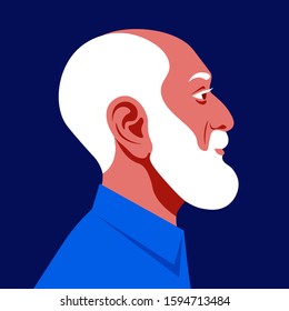 The head of a bald old man with a white beard in profile. Grandfather's face in profile. Avatar for social networks. Vector flat illustration