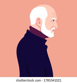 The Head Of A Bald Old Man With A White Beard In Profile. Avatar For Social Networks. Colorful Vector Illustration In Flat Cartoon Style.