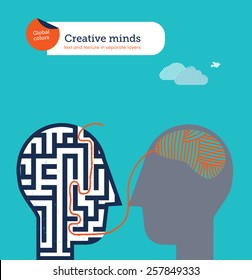 Head with ball of barn brain exits maze brain. Vector illustration Eps10 file. Global colors. Text and Texture in separate layers. 