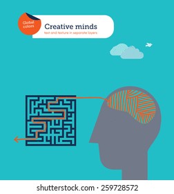 Head with ball of yarn brain finding a maze exit.
Eps10 file. Global colors. Text and Texture in separate layers.
