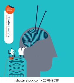 Head with ball of yarn as brain and knitting needles. Vector illustration Eps10 file. Global colors. Text and Texture in separate layers. 