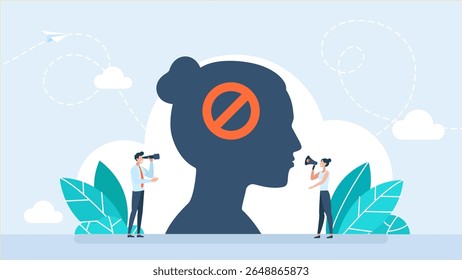 Head with a ban sign. Prohibition sign inside a woman head. Frustration or depression from complex problems, stress or anxiety due to business difficulty. Stressed business woman. Vector illustration