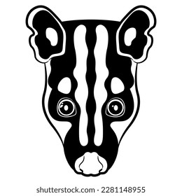Head of a banded palm civet. Hemigalus derbyanus. Animal mask. Black and white silhouette.