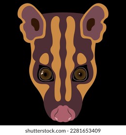 Head of a banded palm civet. Hemigalus derbyanus. Animal mask. Cartoon style. On black background.