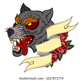 The head bared ferocious wolf. Drawing in the style of Old School Tattoos