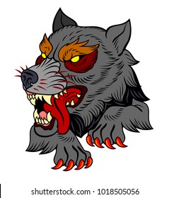 The head bared ferocious wolf. Drawing in the style of Old School Tattoos