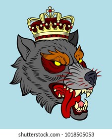 The head bared ferocious wolf with a golden crown. Drawing in the style of Old School Tattoos