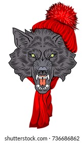 The head bared ferocious wolf, in a knitted red hat with a pompon and scarf
