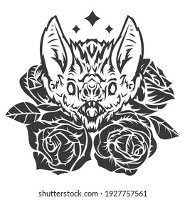 Head bat with roses in hand drawn vintage style isolated on white background. Monochrome design concept art for print, tattoo, branding. Cartoon vector illustration.