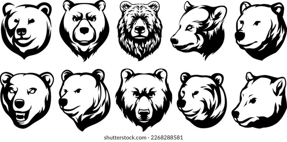 Head of bear. Abstract character illustration variant set. Graphic logo design template for emblem. Image of portrait.